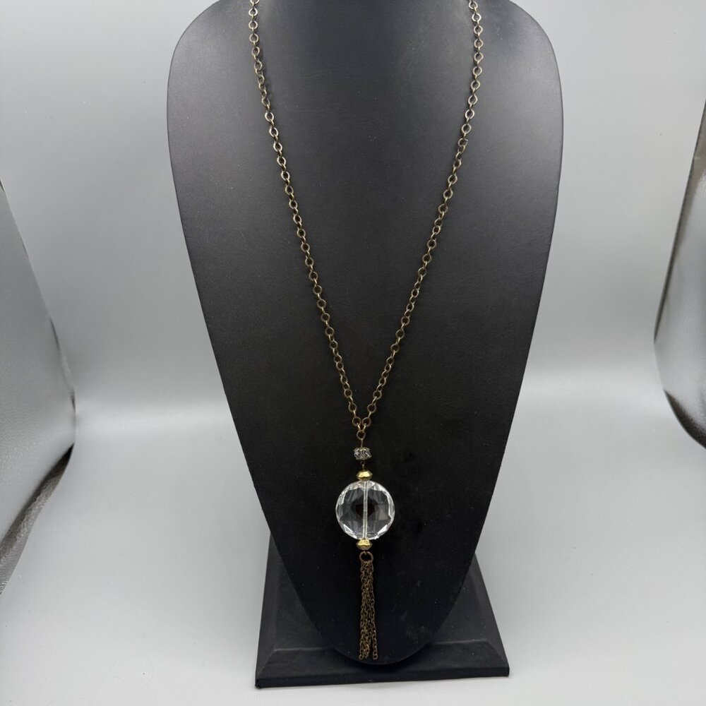 Premier Designs 28 Gold-Tone Necklace With Clear Crystal Pendant & Tassel
